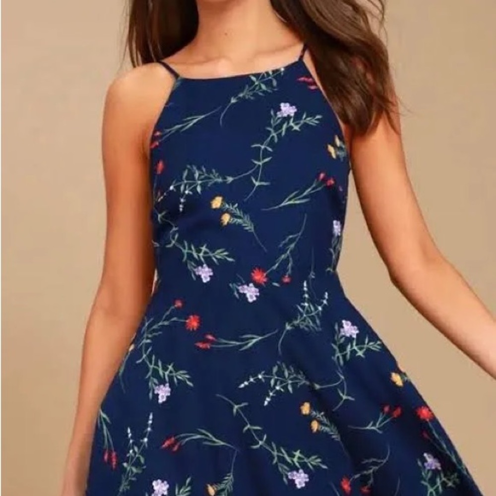 Flower Of The Flock Navy Blue Floral Print Skater Dress View 3